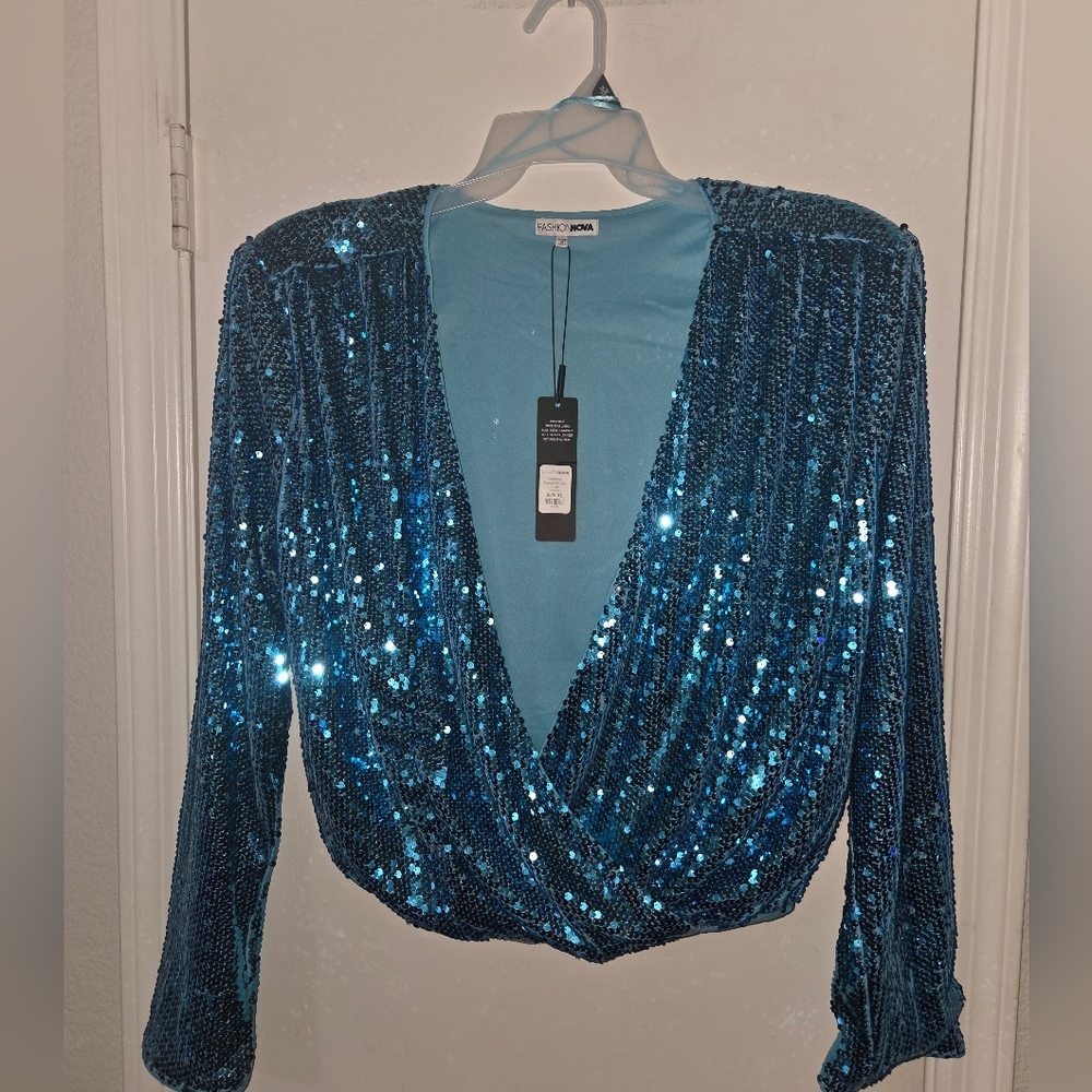 Fashsion Nova Sparkling Blue Sequin Blouse